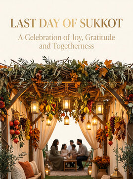 Last day of Sukkot in a beautifully decorated traditional sukkah