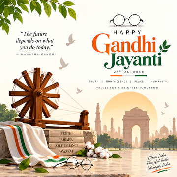 Gandhi Jayanti greeting with Gandhi glasses and traditional Indian spinning wheel