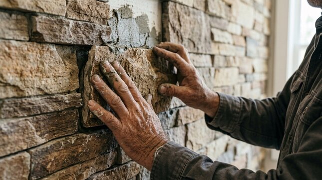 Detailed view of a construction worker hands applying pressure to install natural stone cladding on a wall.