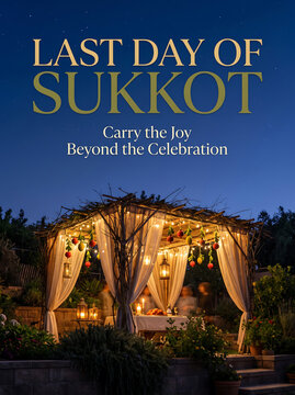 Last day of Sukkot celebration in a blue evening sukkah with warm lights
