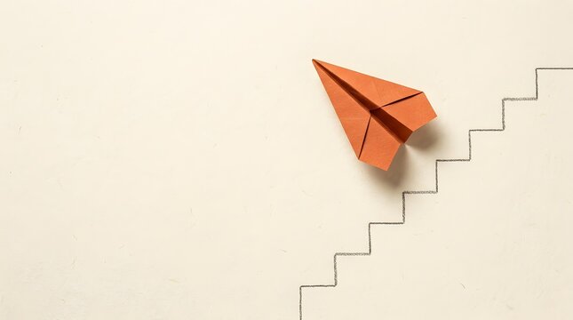 Orange paper airplane flying over stepping stairs representing startup business growth leadership and minimal career progress