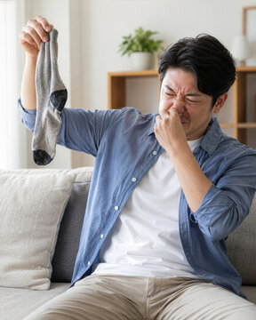 臭い靴下を手に持ち鼻をつまんで顔をしかめる日本人男性