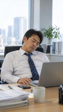 食後の眠気でデスクチェアに座ったまま居眠りする日本人会社員