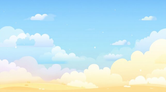 A serene blue sky filled with fluffy white and yellowish clouds.