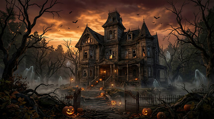 Obraz premium Creepy haunted mansion with carved pumpkins during a spooky twilight Halloween night