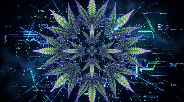 Psychedelic cannabis leaf mandala pattern with glowing futuristic lines.