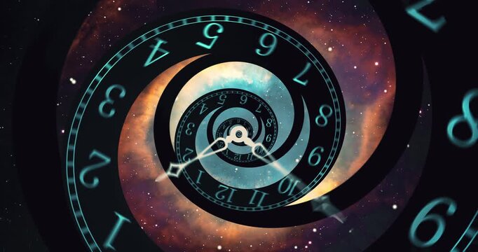 Spiral Clock In Space Concept Showing Time Warp, Cosmic Time Travel And Infinite Clockface
