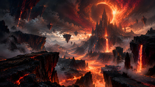 Hell Landscape with Fiery Flames and Lava &ndash; Dark Apocalyptic Underworld Fantasy Scene