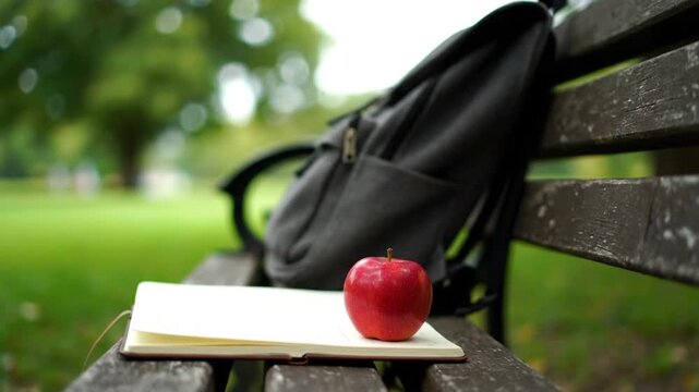 Red Apple and Notebook on Bench with Backpack. 4K Video