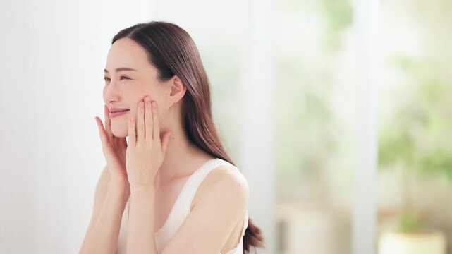 明るい部屋でスキンケアをしている女性