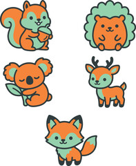 Fototapeta premium Forest Wildlife Animals Squirrel Koala and Little Fox Flat Vector Icon Set 