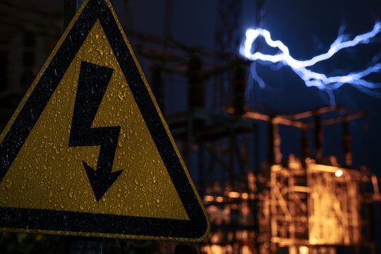 Wet high voltage warning sign glowing under stormy night sky with electrical discharge in the background.