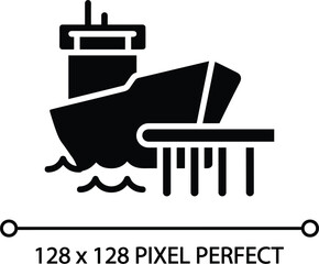 Obraz premium Cargo ship at seaport harbor pier black solid glyph icon representing global maritime shipping industry infrastructure