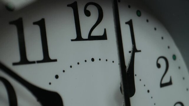 Close up view of an analog clock face showing twelve o clock hour time numbers hand deadline punctuality