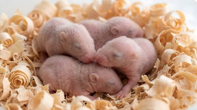 Newborn hairless rodents sleeping in wood shavings nest
