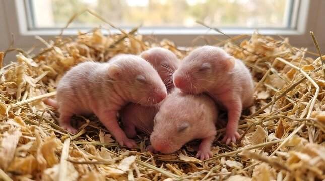 Newborn baby rodents sleeping together in a wood shavings nest
