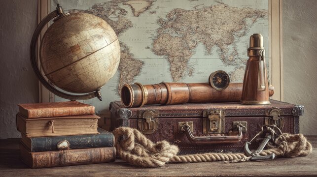Vintage world globe with suitcase, compass, telescope, book, rope and anchor on antique map background, nostalgic travel adventure concept with grunge texture, exploration, tourism, vacation planning,