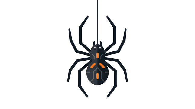 Black widow spider icon, red hourglass marking on abdomen, arachnid vector illustration, flat design symbol, hanging from silk thread, digital entity isolated on White Background Happy Halloween