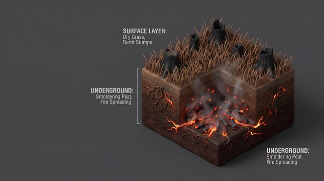 3D cross section of an underground peat fire showing smoldering peatland and surface dry grass with burnt tree stumps