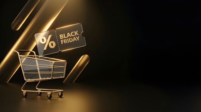 Golden Shopping Cart and Discount Ticket Concept for Black Friday Sales
