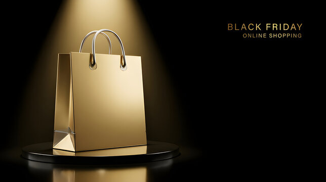 Luxury Gold Shopping Bag on Podium Spotlight Display for Black Friday