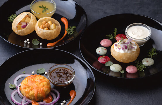 Gourmet Chaat Tasting Plate &mdash; artistic assortment of pani puri, dahi puri and aloo tikki presented as a luxury tasting menu, precise sauce dots, microgreens, elegant black ceramic plates.