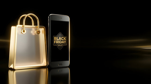 Golden Shopping Bag Next to Smartphone Displaying Black Friday Sale Badge