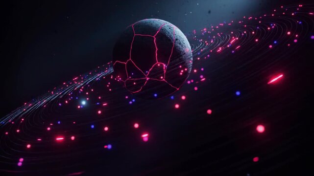 Futuristic sci-fi planet with glowing red cracked core and orbiting neon particle ring, cinematic dark outer space environment background for science fiction, gaming, and astronomy concept.