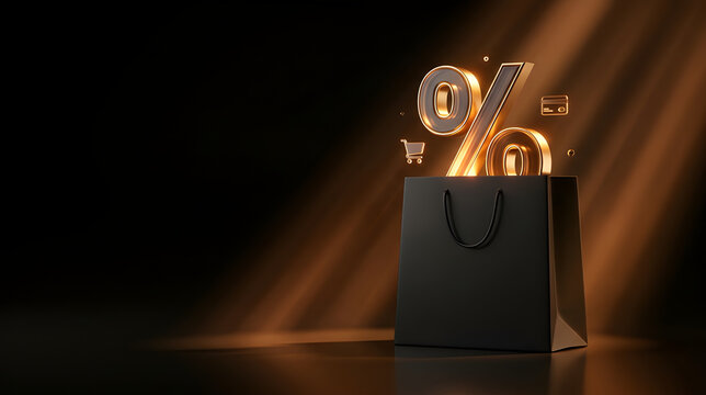 Glowing Golden Percentage Sign Emerging from Black Shopping Bag for Black Friday