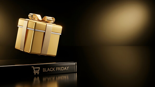 Glowing Golden Gift Box Floating Above Smartphone Displaying Black Friday