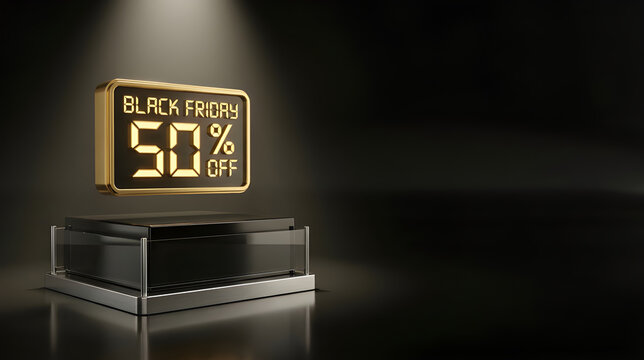 Glowing Digital Display Sign 50 Percent Off Black Friday Sale Above Showcase Podium