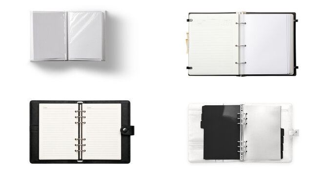Set of open ring binders and planners with blank pages isolated on white background