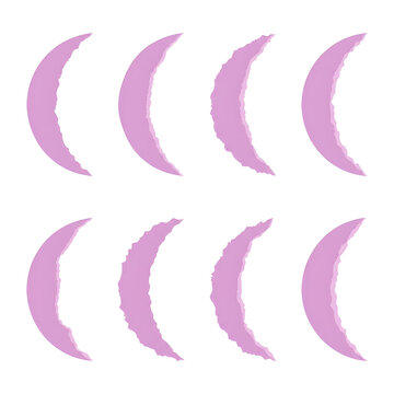Collection of pink crescent brush strokes with rough textured edges on white background