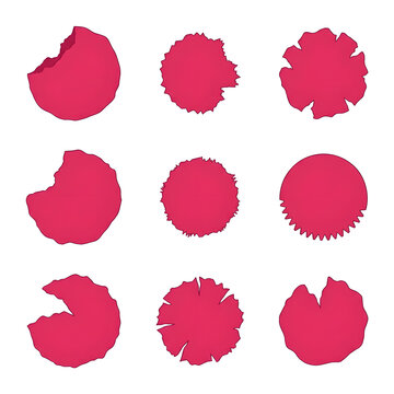 Collection of nine pink textured circle shapes with irregular edges, isolated on a white background, abstract design elements