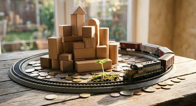 Miniature train encircling wooden block city and coins