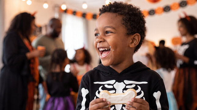 A cheerful Black boy in a skeleton costume holding a bone cookie and laughing during a fun Halloween party with family behind him.