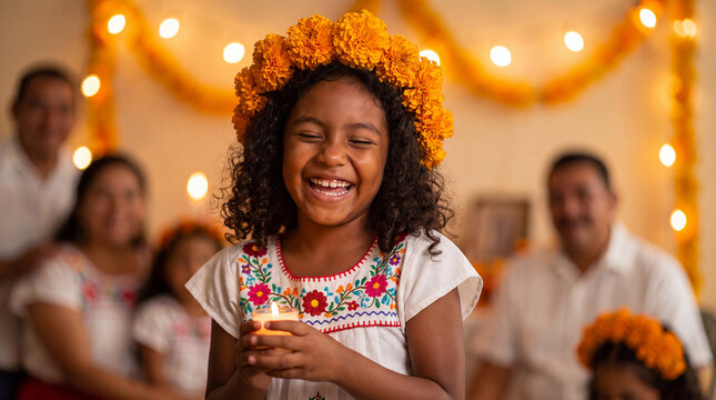 A radiant Latina girl with a marigold crown holds a candle and laughs at a glowing Day of the Dead family gathering.