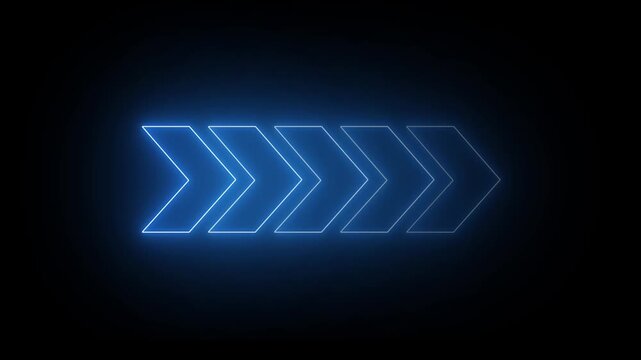 Abstract directional neon arrow blue color icon animation. arrow looping animation right direction concept.Animated arrows for the overlay video layer, black background 4k animation video