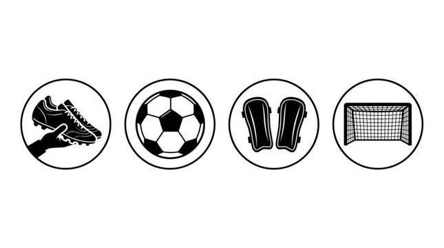 Four circular featuring black and white silhouettes of essential soccer equipment and game football