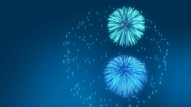 Blue and green fireworks exploding in the night sky during a festive celebration