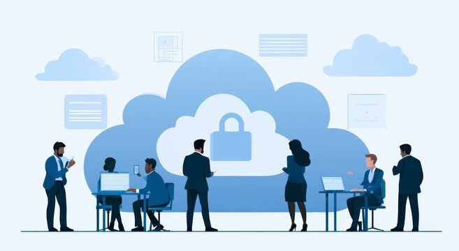 Business professionals working with cloud computing and digital security