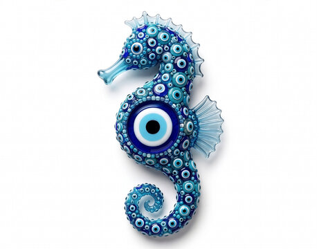 Decorative blue glass seahorse made of evil eye beads, photo style, glass art