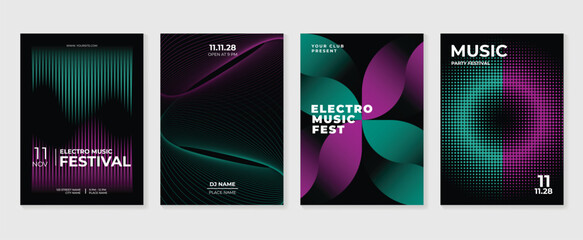 Fototapeta na wymiar Music festival poster templates vector set with neon green and purple gradients, glowing waves, grid textures and abstract geometric shapes for electronic music and club events