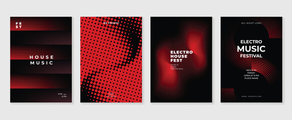 Fototapeta na wymiar Music festival poster templates vector set with red and black gradients, halftone dots, wave lines and abstract textures for house music, electronic concerts and club party events