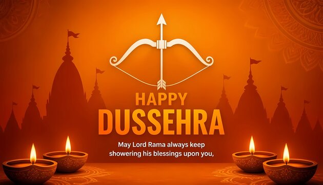 Happy Dussehra Festival Greeting Card Banner with Bow Arrow Diya Lamps and Temple Silhouette. 
