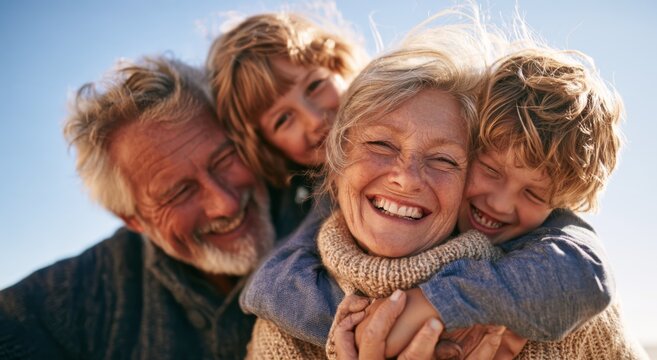 Happy grandparents and grandchildren embracing outdoors under clear blue sky
