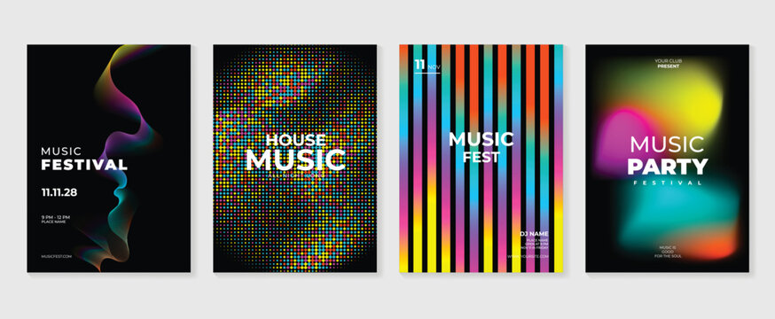 Music festival poster templates vector set with neon gradients, colorful stripes, pixel texture and flowing abstract shapes for electronic music, concerts, clubs and party events