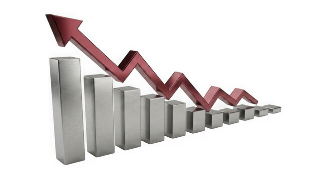 Downward trend line arrow pointing down over silver bar chart columns illustrating financial as isolated PNG