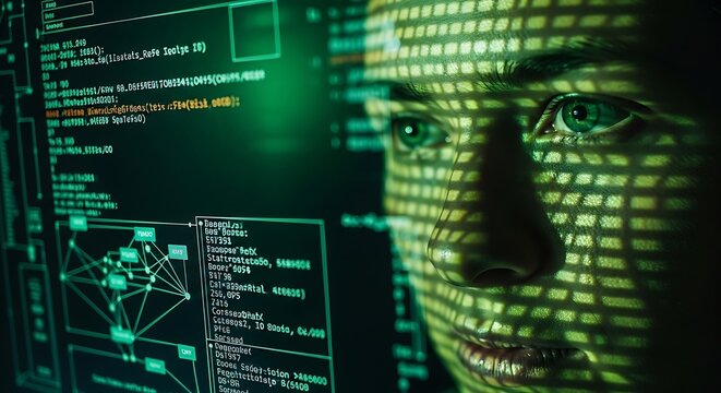 A close up portrait of a programmer looking at digital code screen displaying complex data analysis and cybersecurity information in a dark room