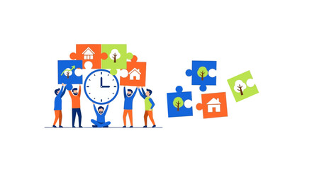 Fototapeta premium Team Collaborating on Real Estate and Environmental Project with Clock and Puzzle Pieces